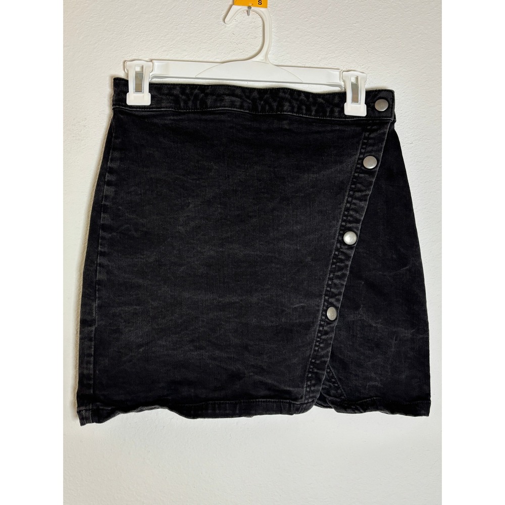 We‎ The Free People Black Denim Mini Skirt Wrap Button Front Washed 29 Waist